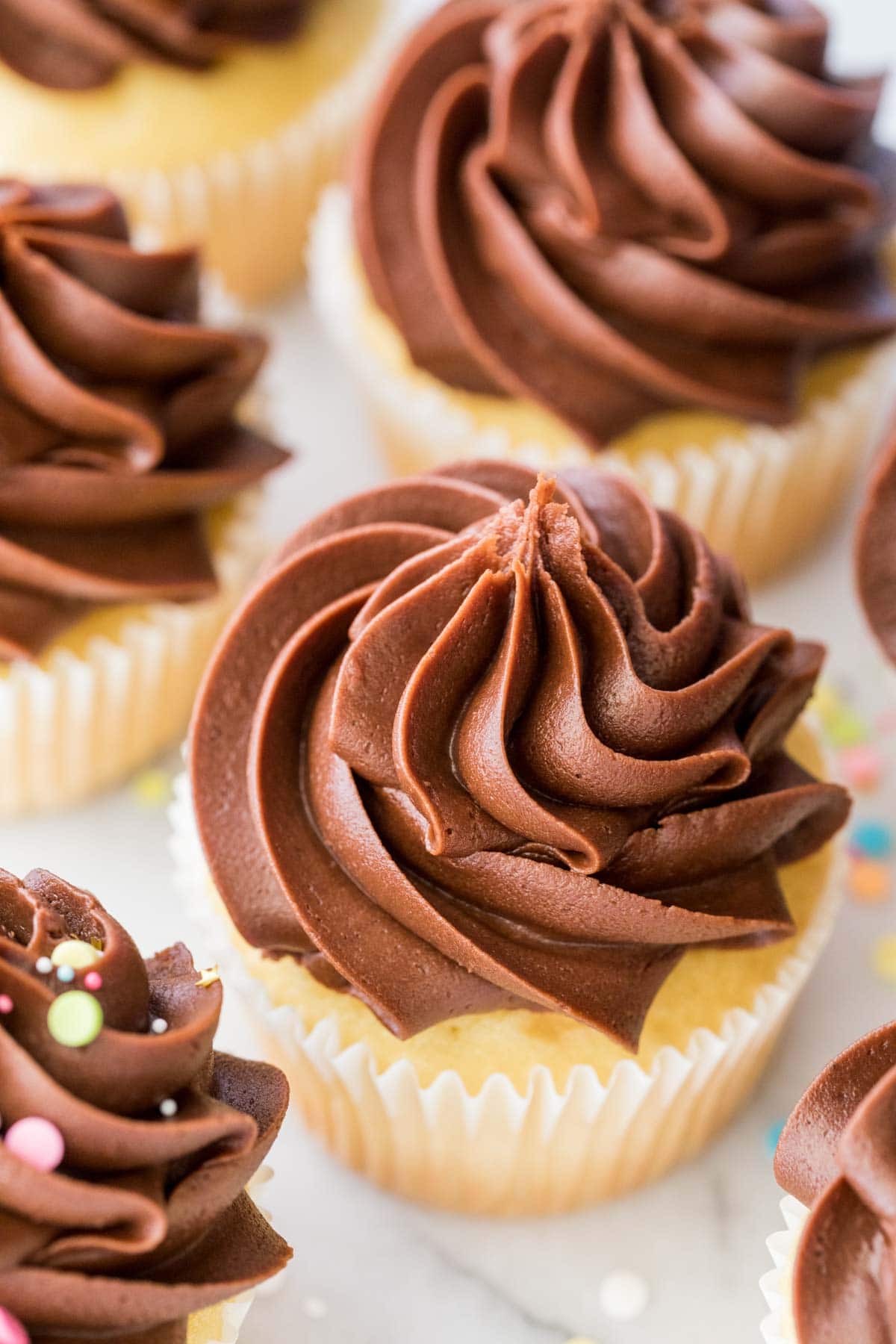 Overhead shot of frosting on a cupcake