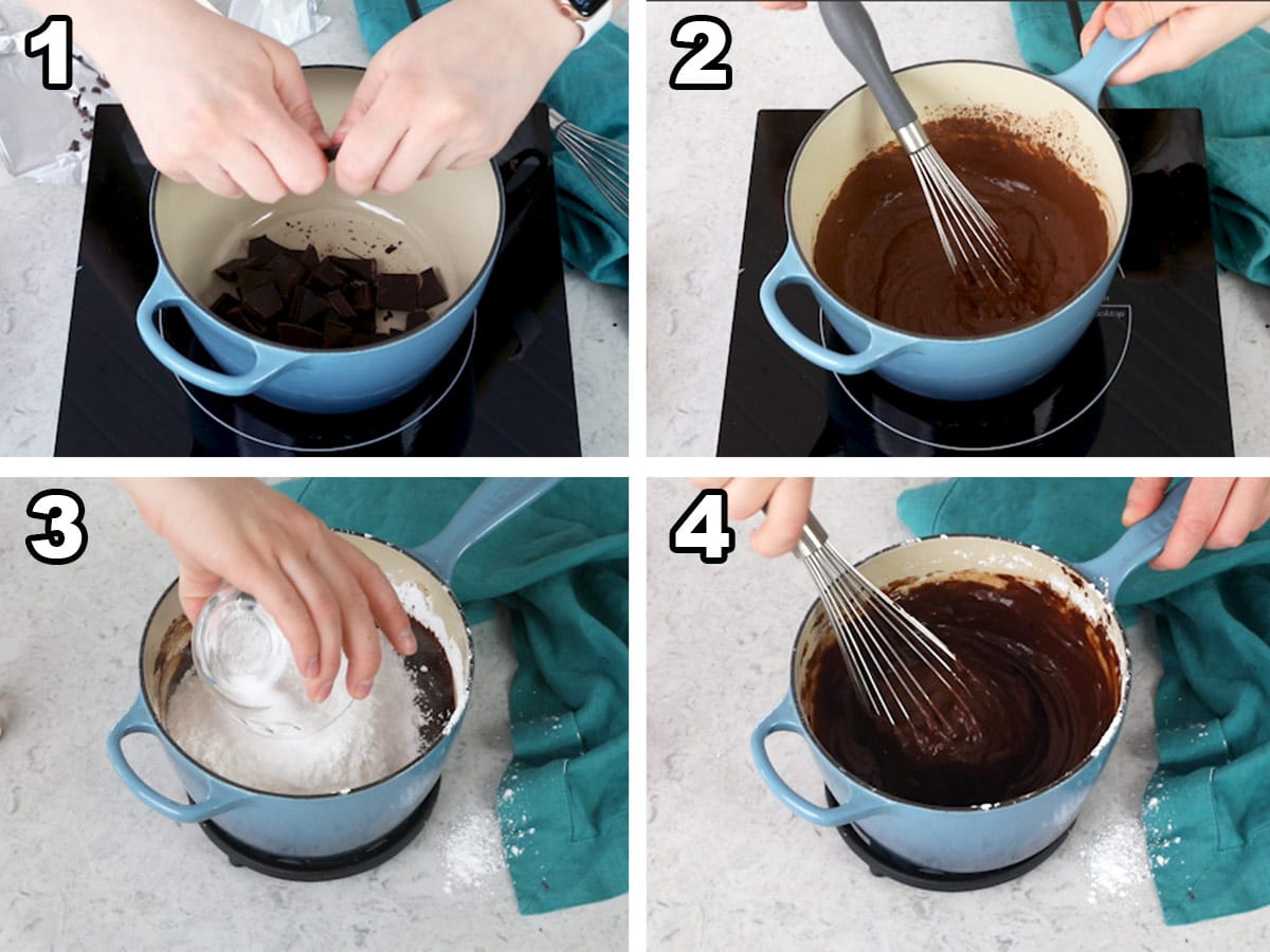 Breaking apart the chocolate into a saucepan, melting the chocolate, adding the powdered sugar, powdered sugar mixed in.