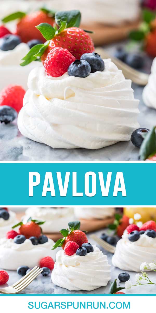 collage of pavlova, top image close up of single dessert, bottom of multiple spaced out on marble