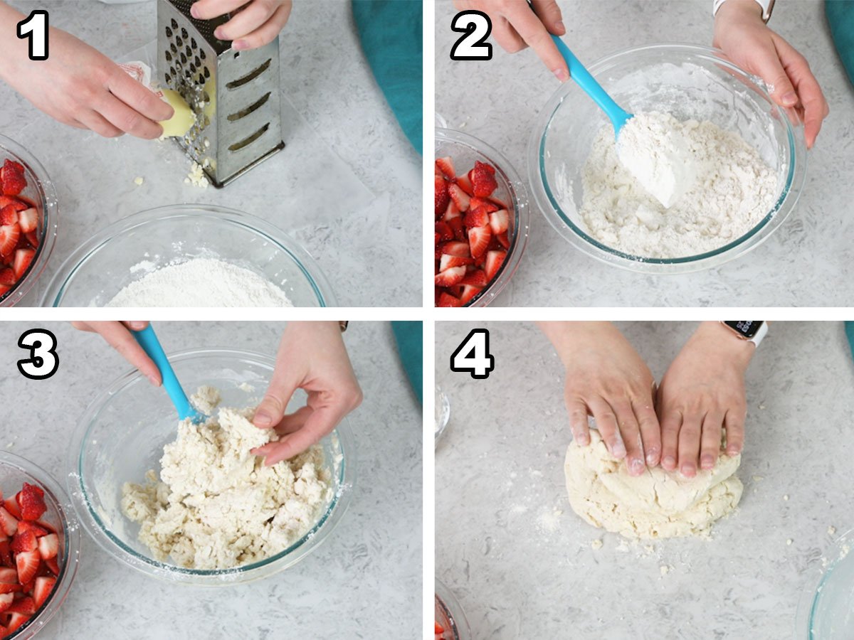 Grating the butter, mixing the ingredients with a spatula, showing proper shortcake dough consistency, and working the dough.