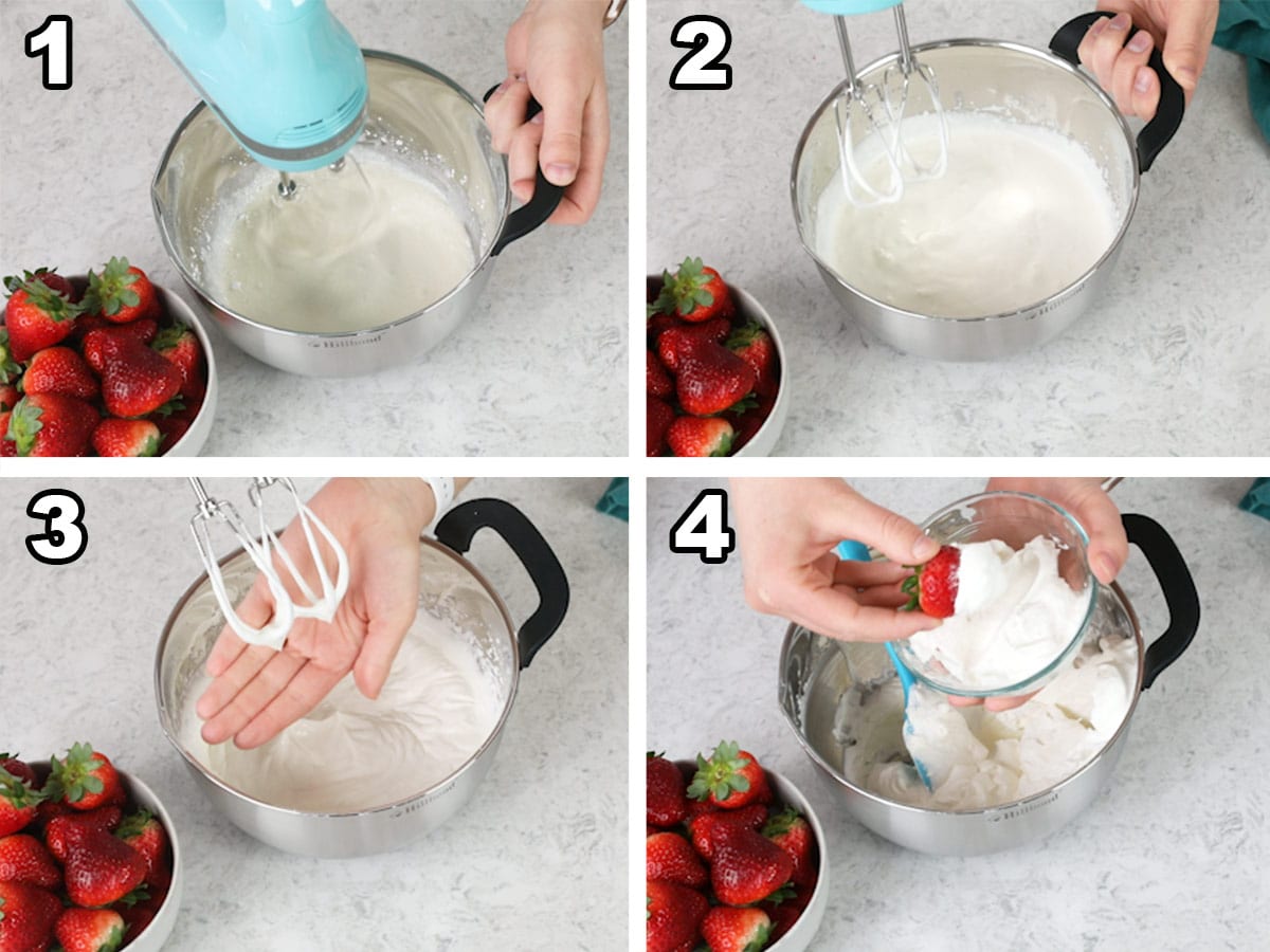 Mixing the ingredients, lifting the mixer, showing ribbons, and dipping a strawberry into a bowl of fresh whipped cream.