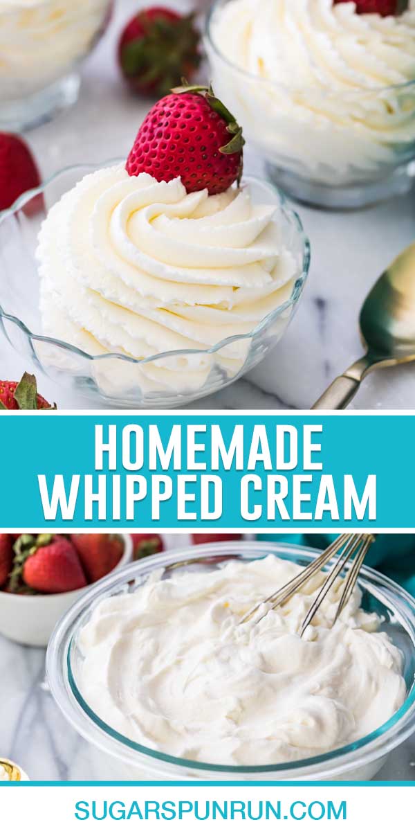 collage of homemade whipped cream, top image of whipped cream in custard cup with strawberry on top, bottom image is full bowl of whipped cream with whisk in it