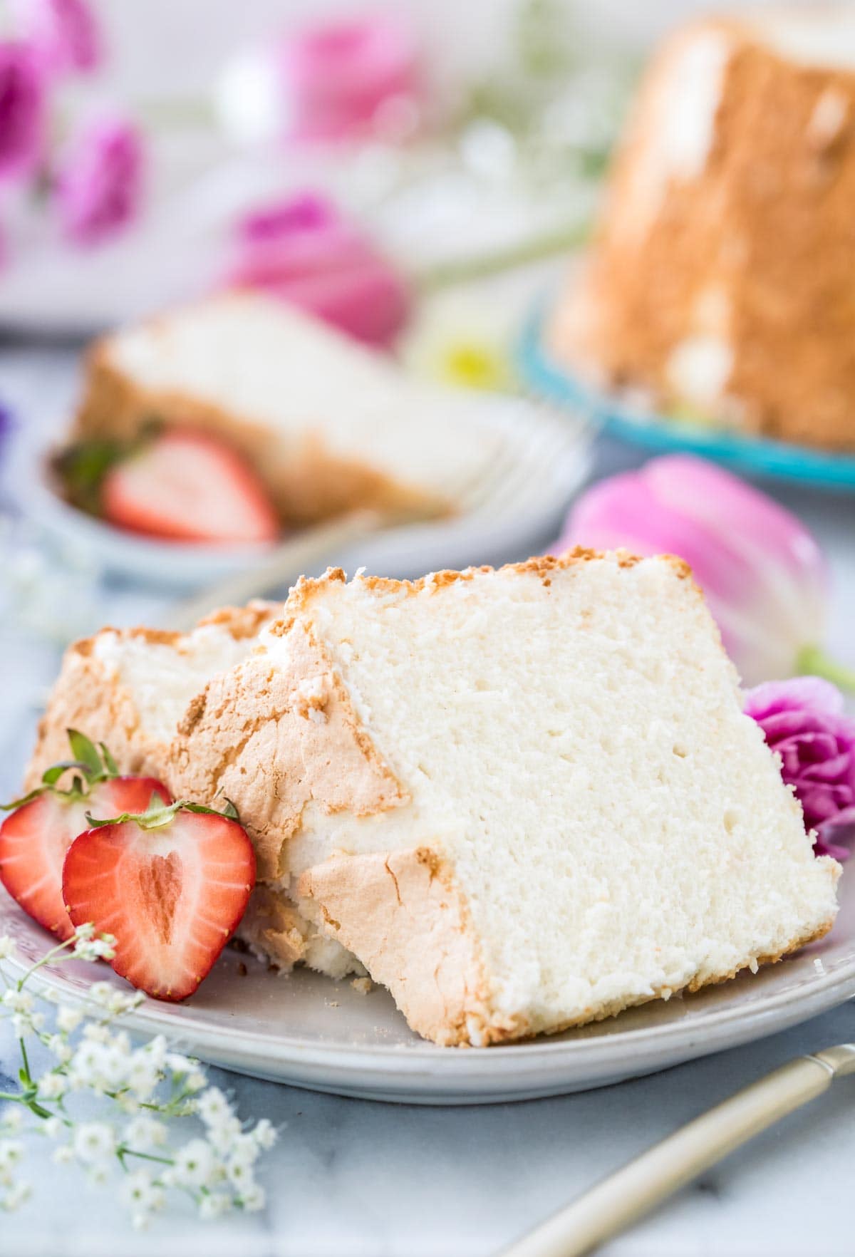 Two slices of cake on a white plate