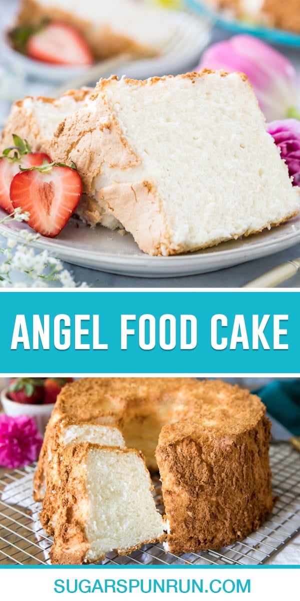 collage of angel food cake, top image is of two slices close up on white plate, bottom image of full cake cut