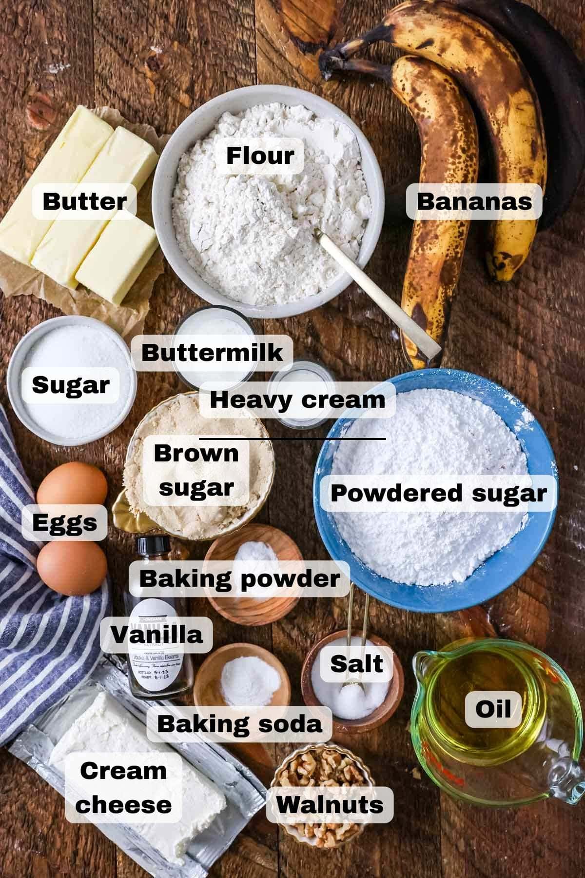 Overhead view of ingredients for my banana cake recipe (labeled with text overlay).