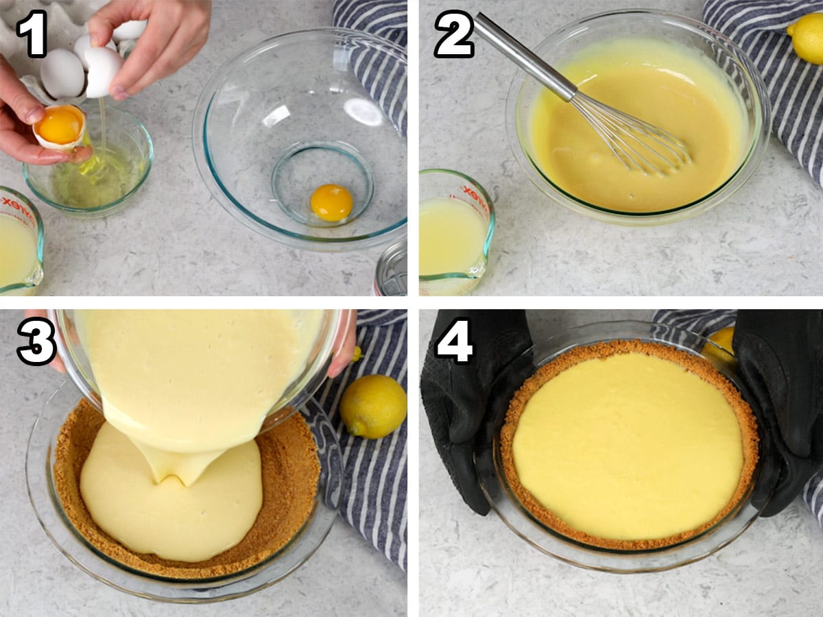 Separating the eggs, mixing the filling, pouring the filling into the baked crust, and finished pie.