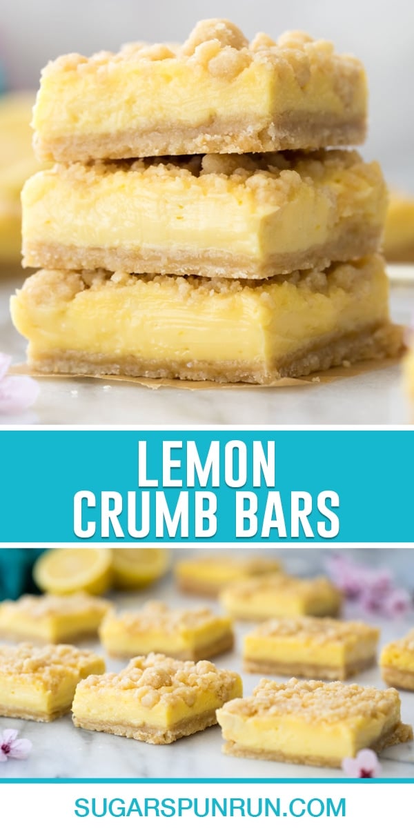 collage of lemon crumb bars, top image of bars stacked, bottom image of them spread out on marble slab