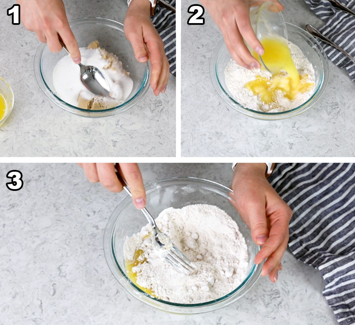 Three photos in a collage: 1)Mixing the sugar, 2) adding the melted butter 3) mixing with a fork.
