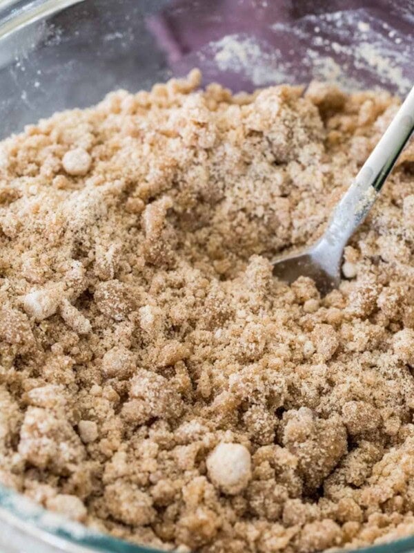 Closeup showing mixed topping.