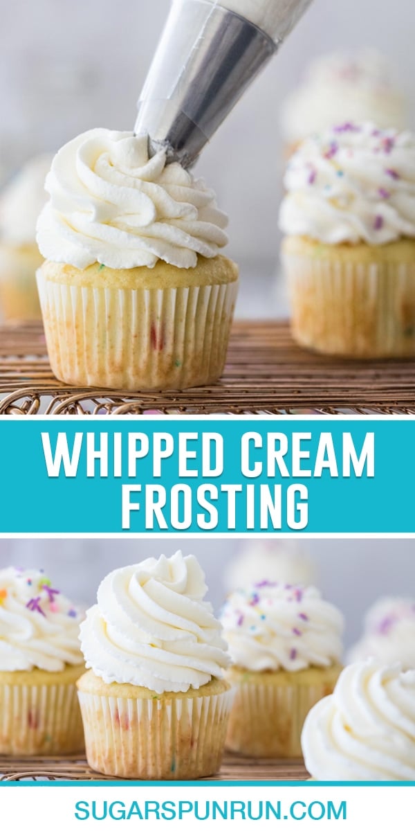 collage of whipped cream frosting, top image of frosting being piped on to cupcake, bottom image of cupcakes frosted