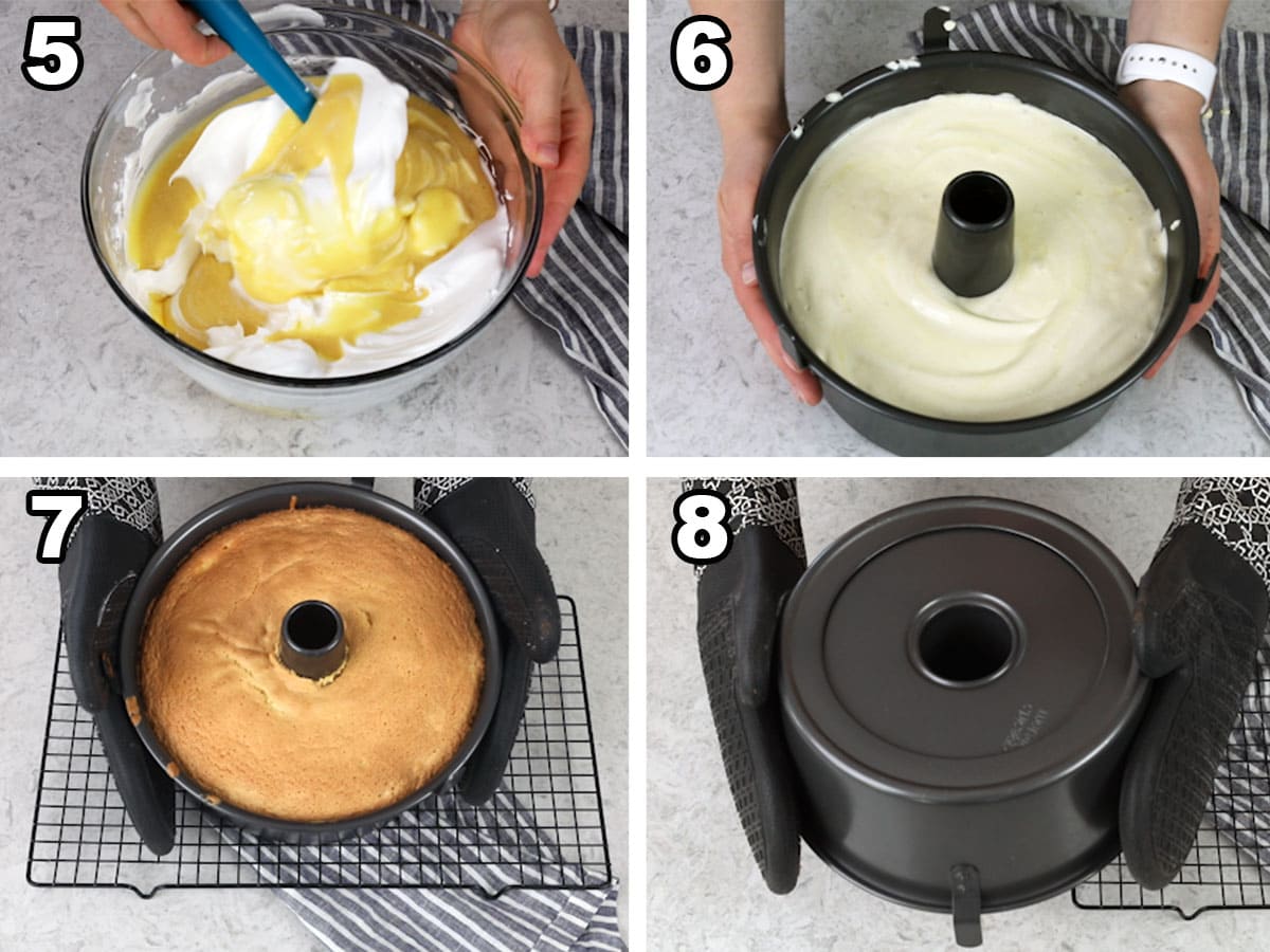Collage of 4 photos showing the final 4 steps to make chiffon cake: 5) fold together egg whites and egg yolk mixture, 6) spread into pan, 7) bake, 8) invert pan onto can to cool completely