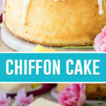 collage of chiffon cake, top image is of full cake with icing dripping off top, bottom image of single slice on white plate