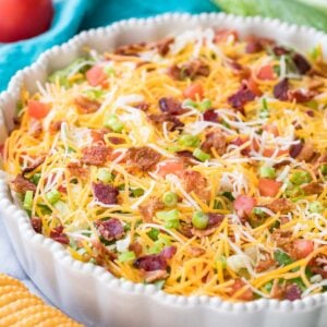 blt dip in white quiche dish