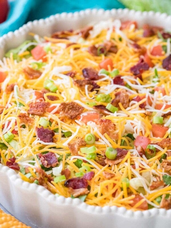 blt dip in white quiche dish