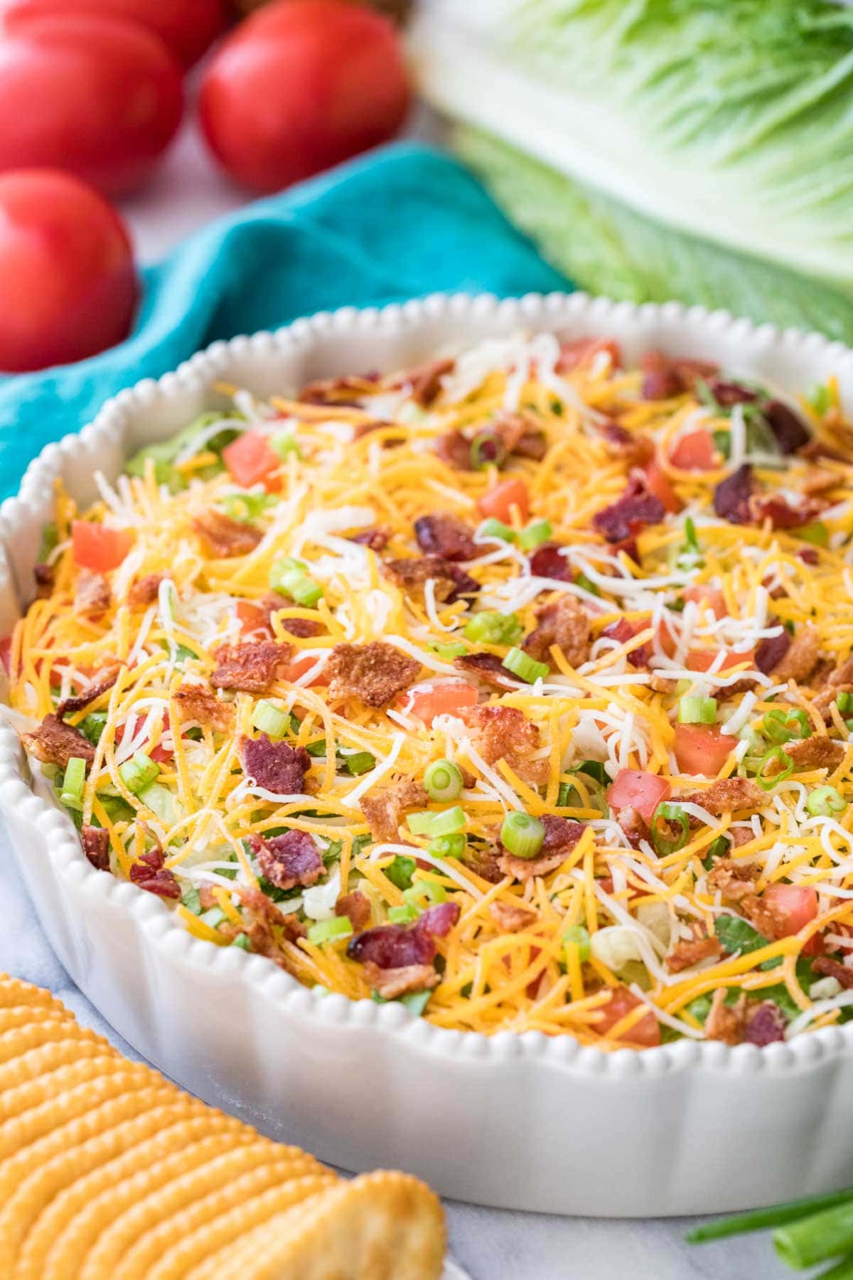 blt dip in white quiche dish