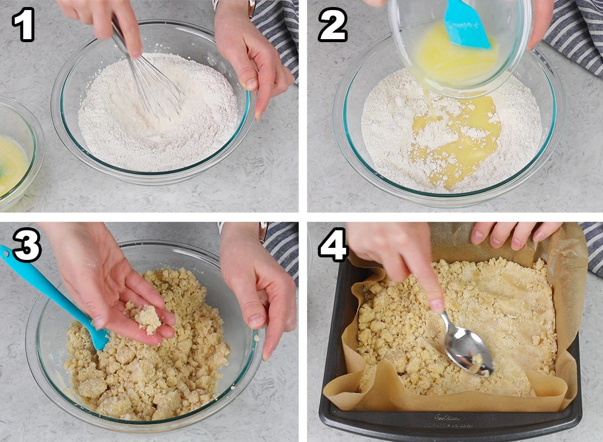 4 photos showing the steps to make the crumble layer of lemon crumb bars.