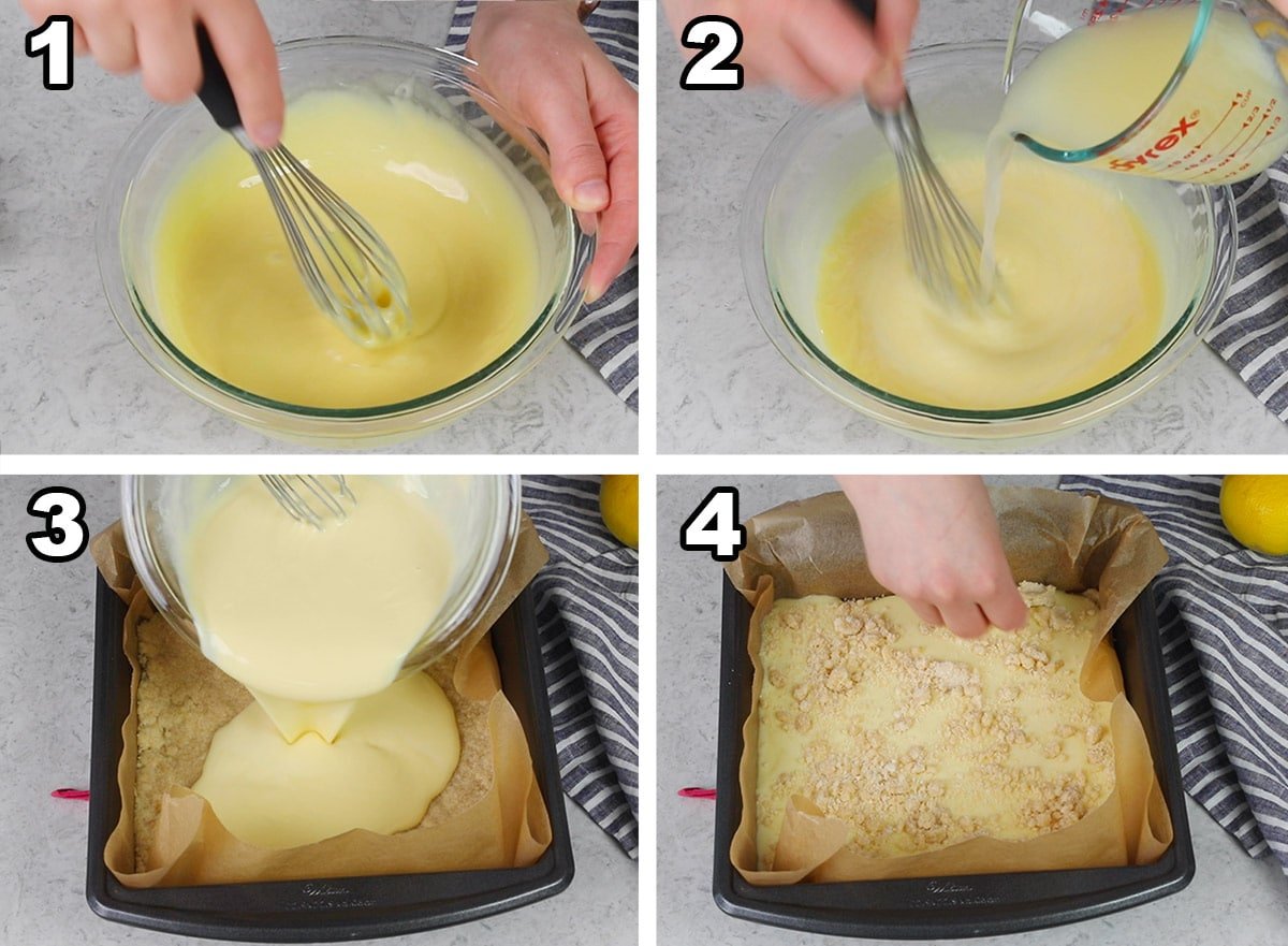 4 images showing the steps to preparing lemon crumb bar filling and assemble the streusel topping