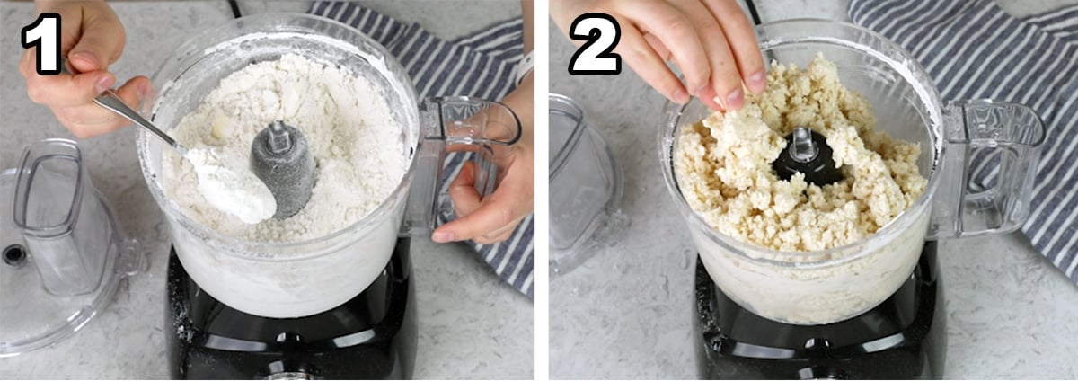 Steps to making scones showing coarse crumbs and the batter clumping together after adding the heavy cream and vanilla extract