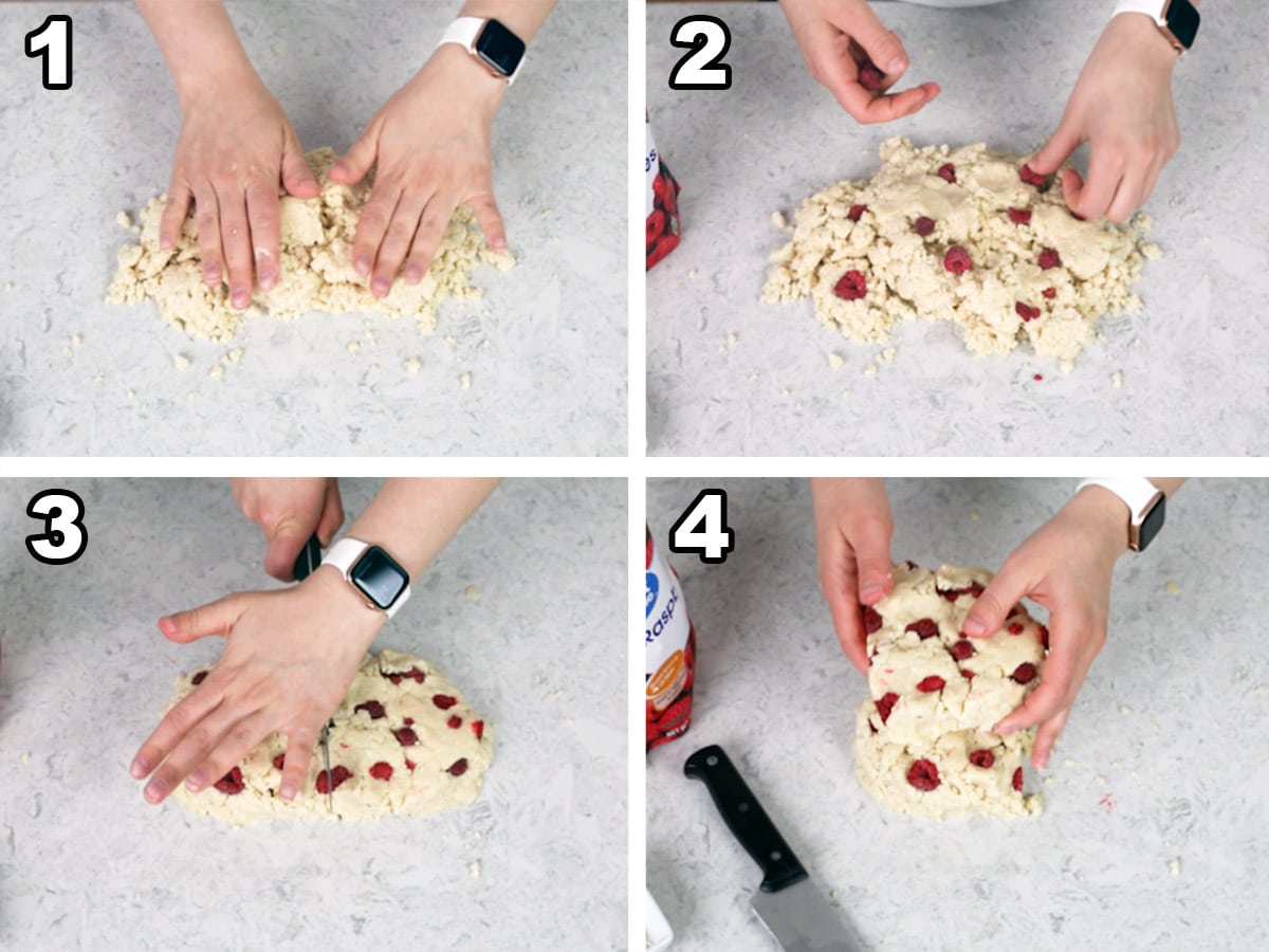 Working the dough into a rectangle, pressing the raspberries into the dough, cutting the dough in half, and stacking the dough halves