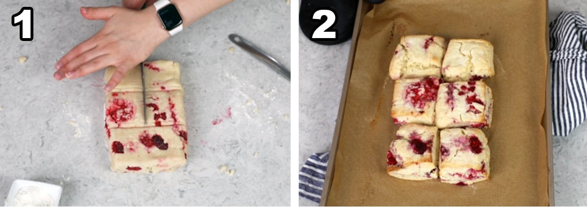 Cutting the dough into six even sized pieces and the scones after baking