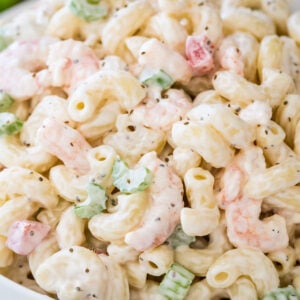 Closeup of shrimp pasta salad