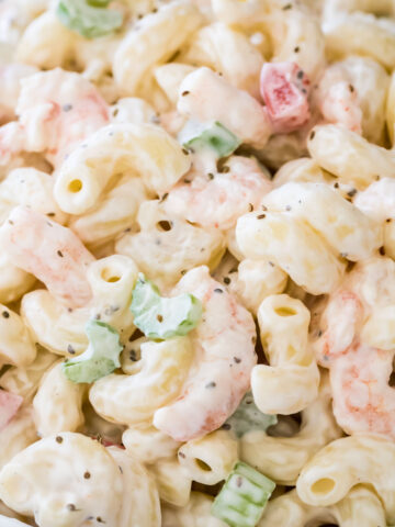Closeup of shrimp pasta salad