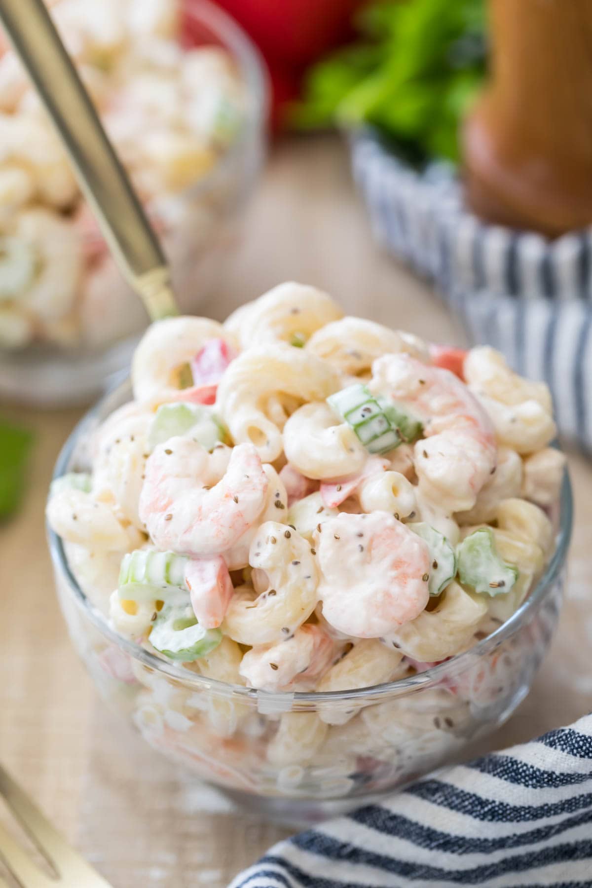 Small clear glass bowl filled with pasta salad