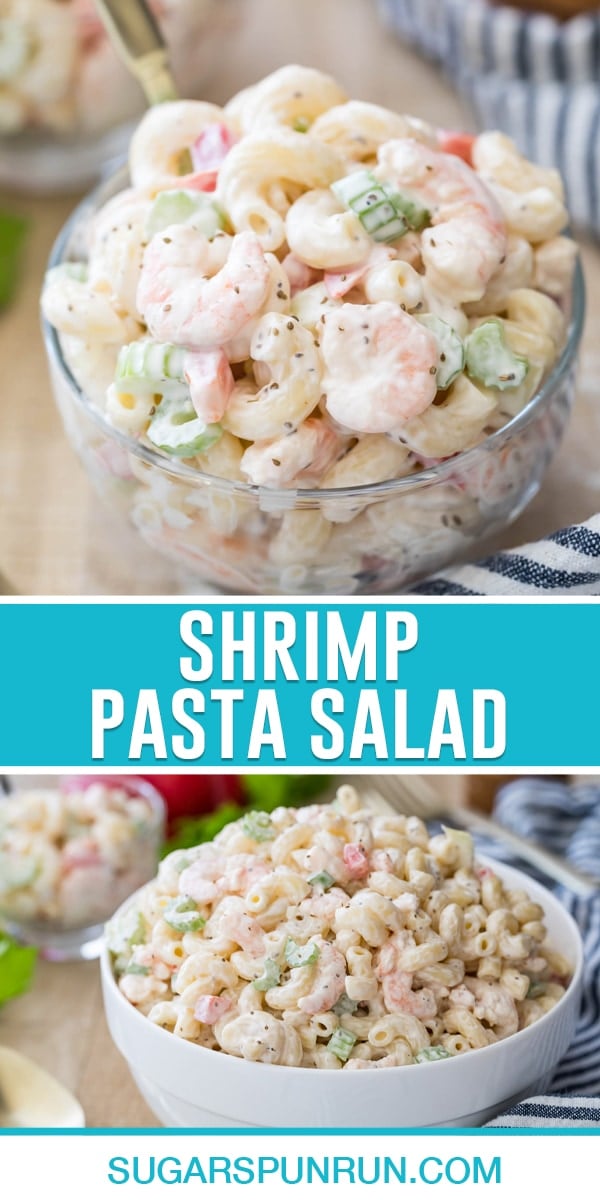 collage of shrimp pasta salad, top image in single serve clear bowl, bottom image of salad in white bowl