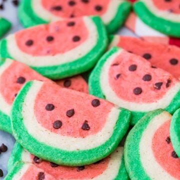 sugar cookies shaped and colored like watermelon slices