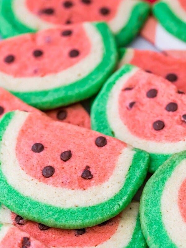 sugar cookies shaped and colored like watermelon slices