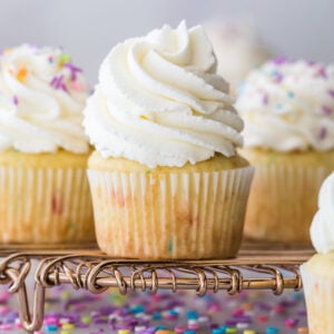 Closeup of cupcake with stabilized whipped cream frosting piped on top