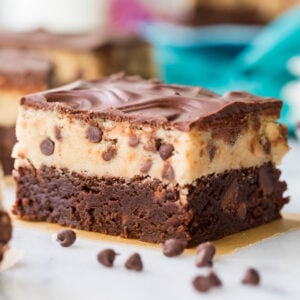 cookie dough brownie: brownie bottom layer, cookie dough on top covered with chocolate
