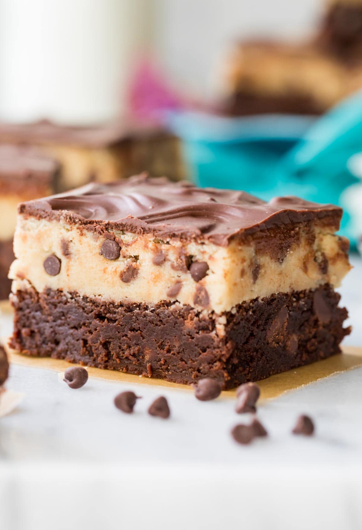 cookie dough brownie: brownie bottom layer, cookie dough on top covered with chocolate