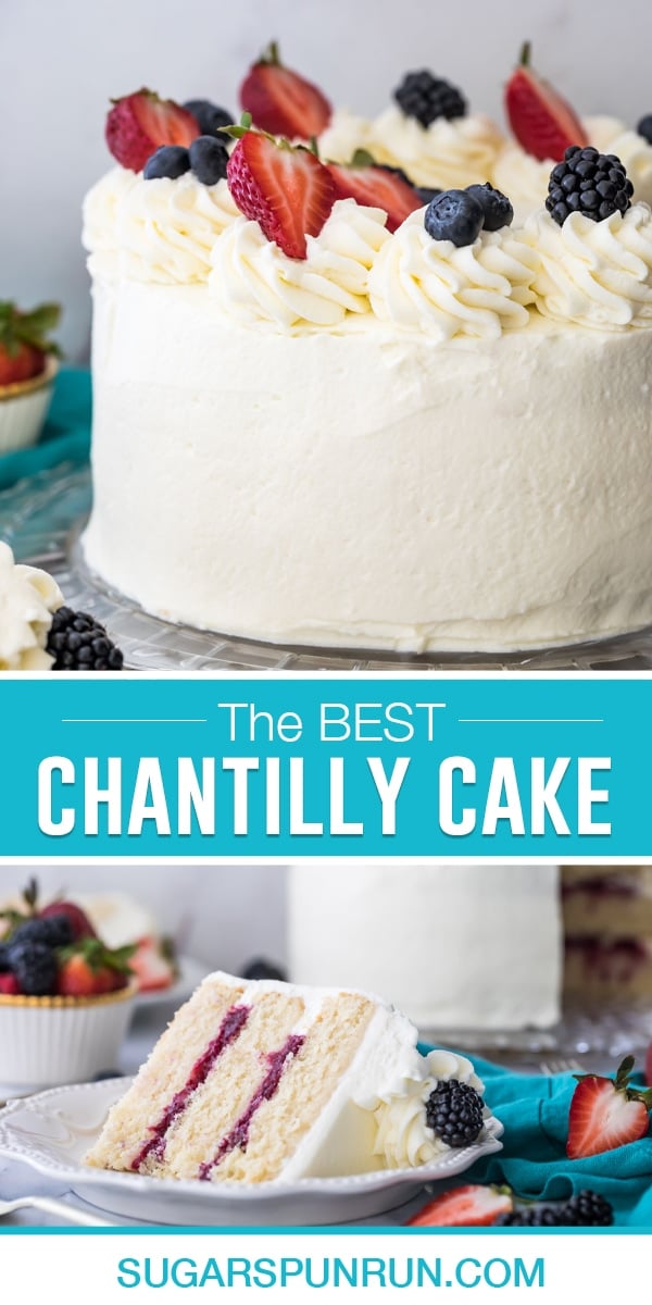 Collage of chantilly cake. Top image of whole cake with berries on top, bottom image of single slice on white plate.