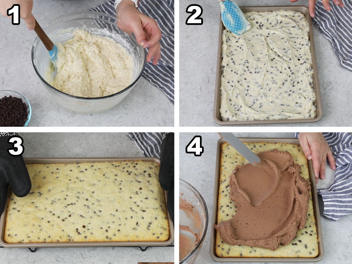 Collage showing 4 steps to making a chocolate chip sheet cake.