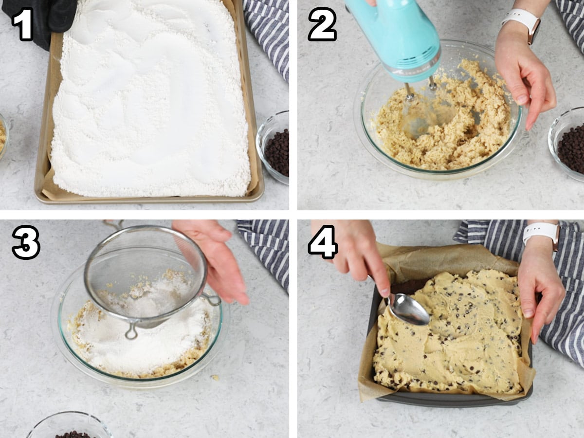 Preparing and spreading edible cookie dough over brownies