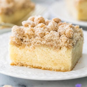 Slice of crumb cake on white plate.
