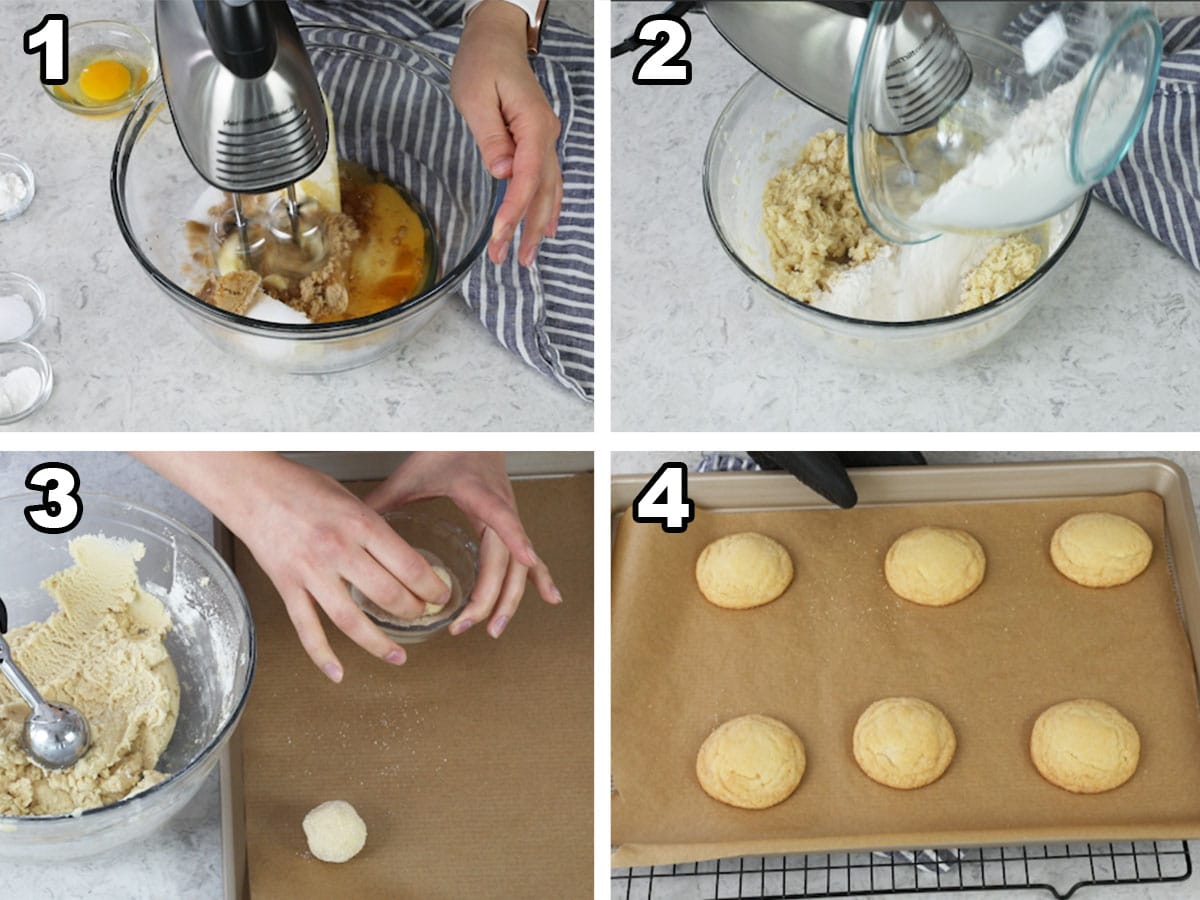 Collage of 4 photos showing how to make honey cookies, detailed in writing below the image
