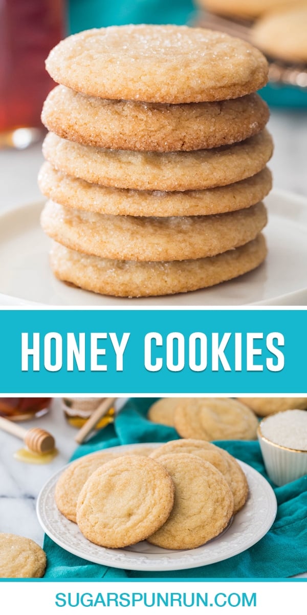 collage of honey cookies, top image of cookies stacked, bottom image is of cookies on white plate