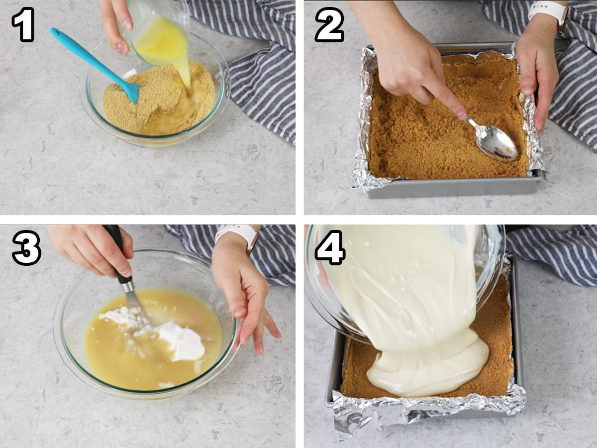 Collage of 4 photos showing how to make key lime pie bars