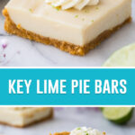 collage of key lime pie bars, top image is of close up single bar, bottom image of bar on white plate