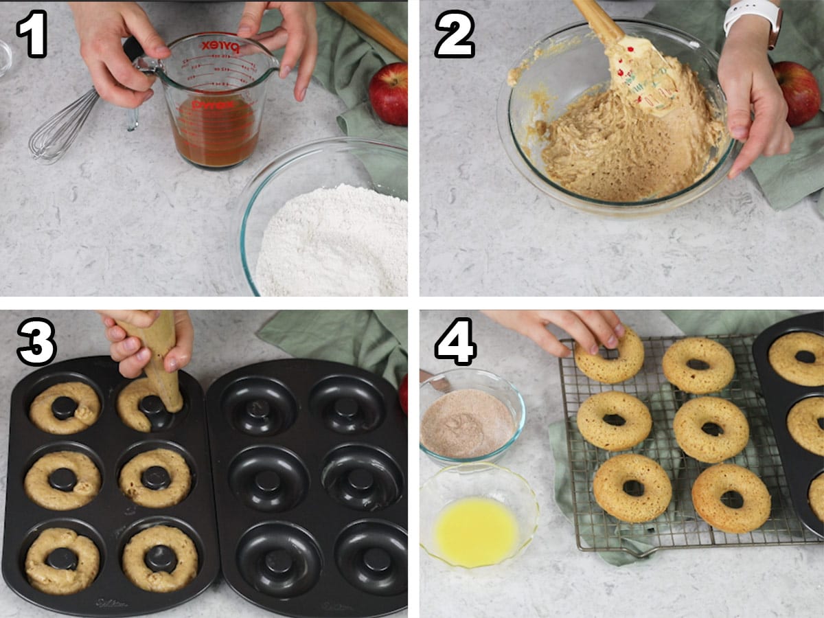 Collage of 4 photos showing how to make apple cider donuts