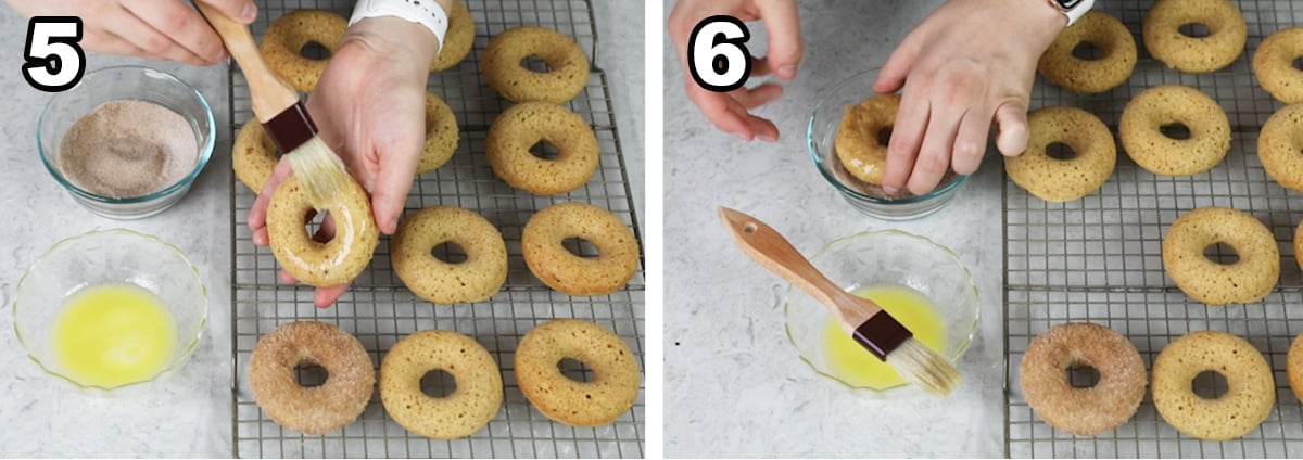 Collage of 2 photos showing how to coat apple cider donuts with cinnamon sugar