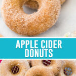 collage of apple cider donuts, top image of two donuts close up, bottom image of multiple spread out and stacked