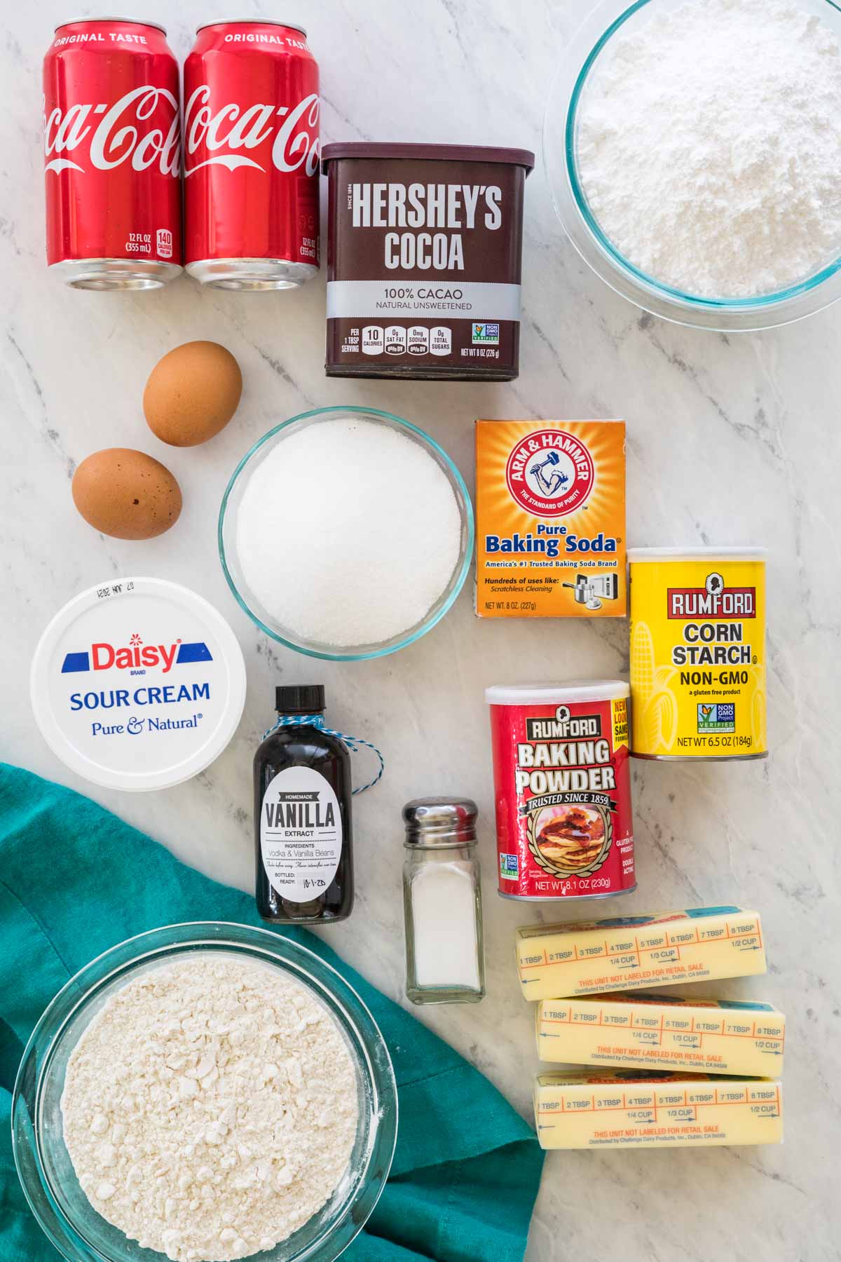 Overhead view of ingredients to make coca cola cake