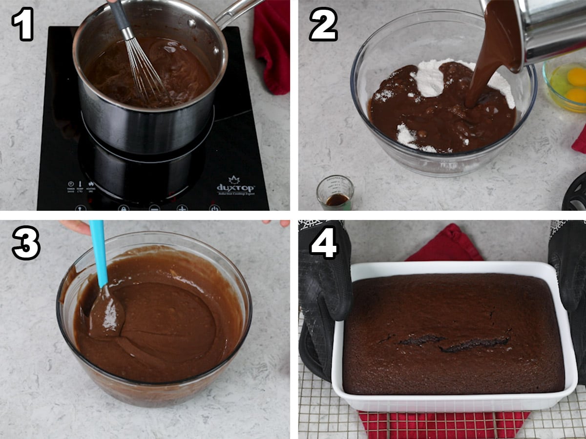 Collage of four photos showing how to make coca cola cake