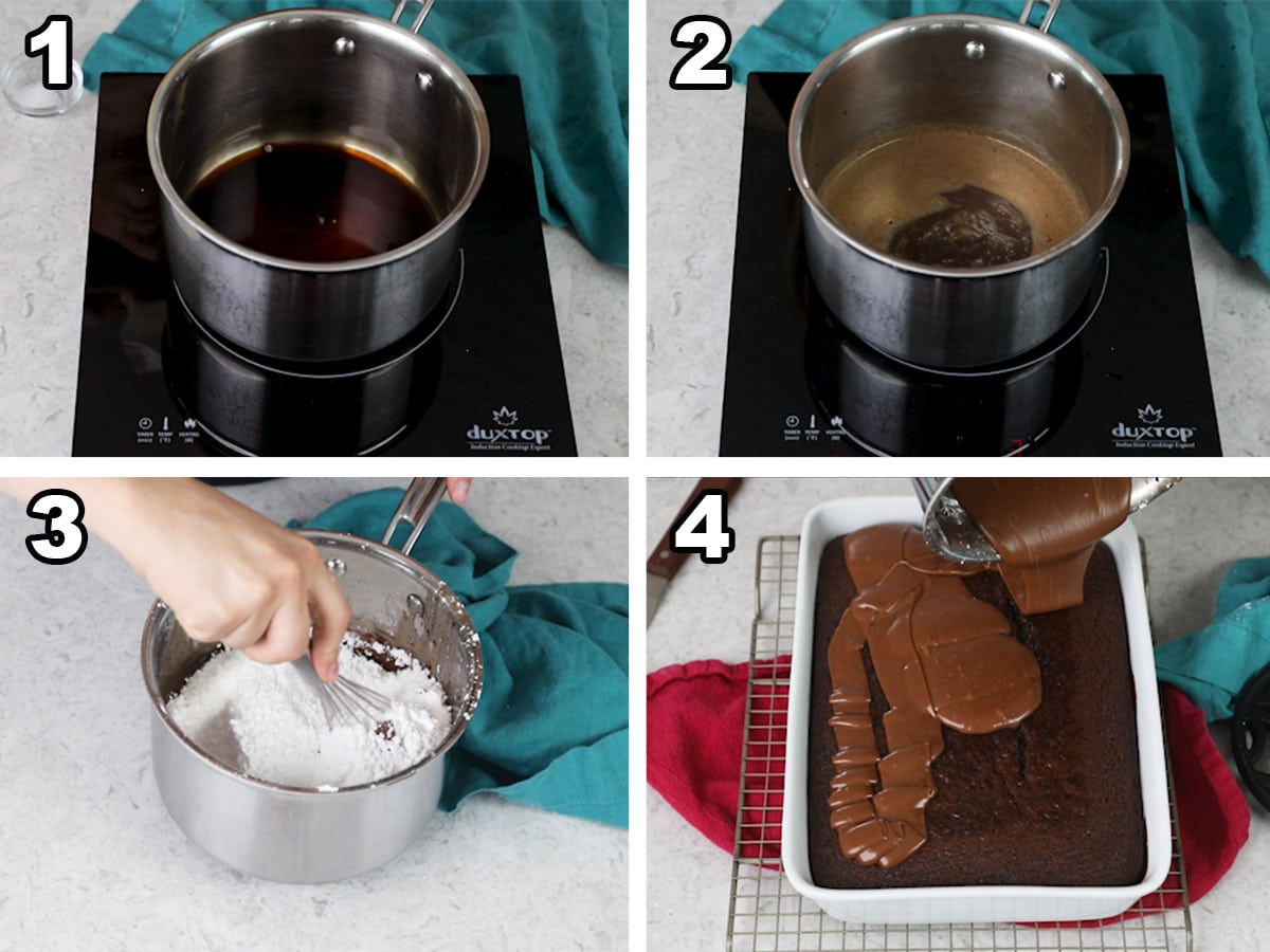 collage of four photos showing the preparation of coca cola cake icing and the icing being spread onto a cake