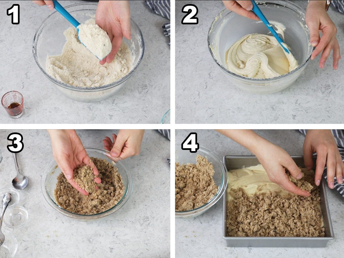 Collage showing 4 steps of making crumb cake