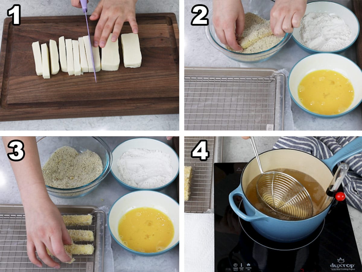 Collage of 4 photos showing mozzarella cheese being chopped, breaded, and fried.