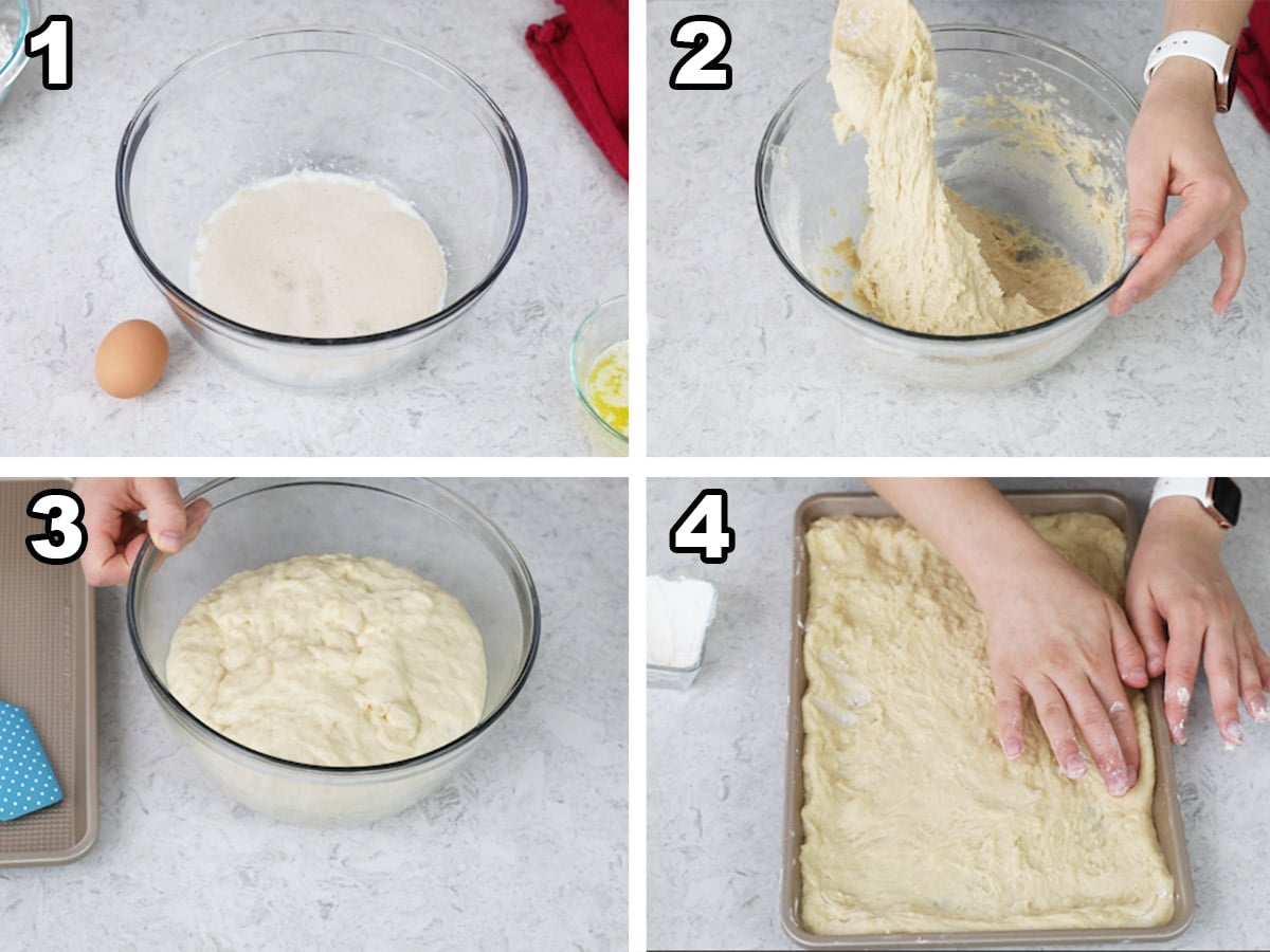 Collage of four photos showing how to make peach cake